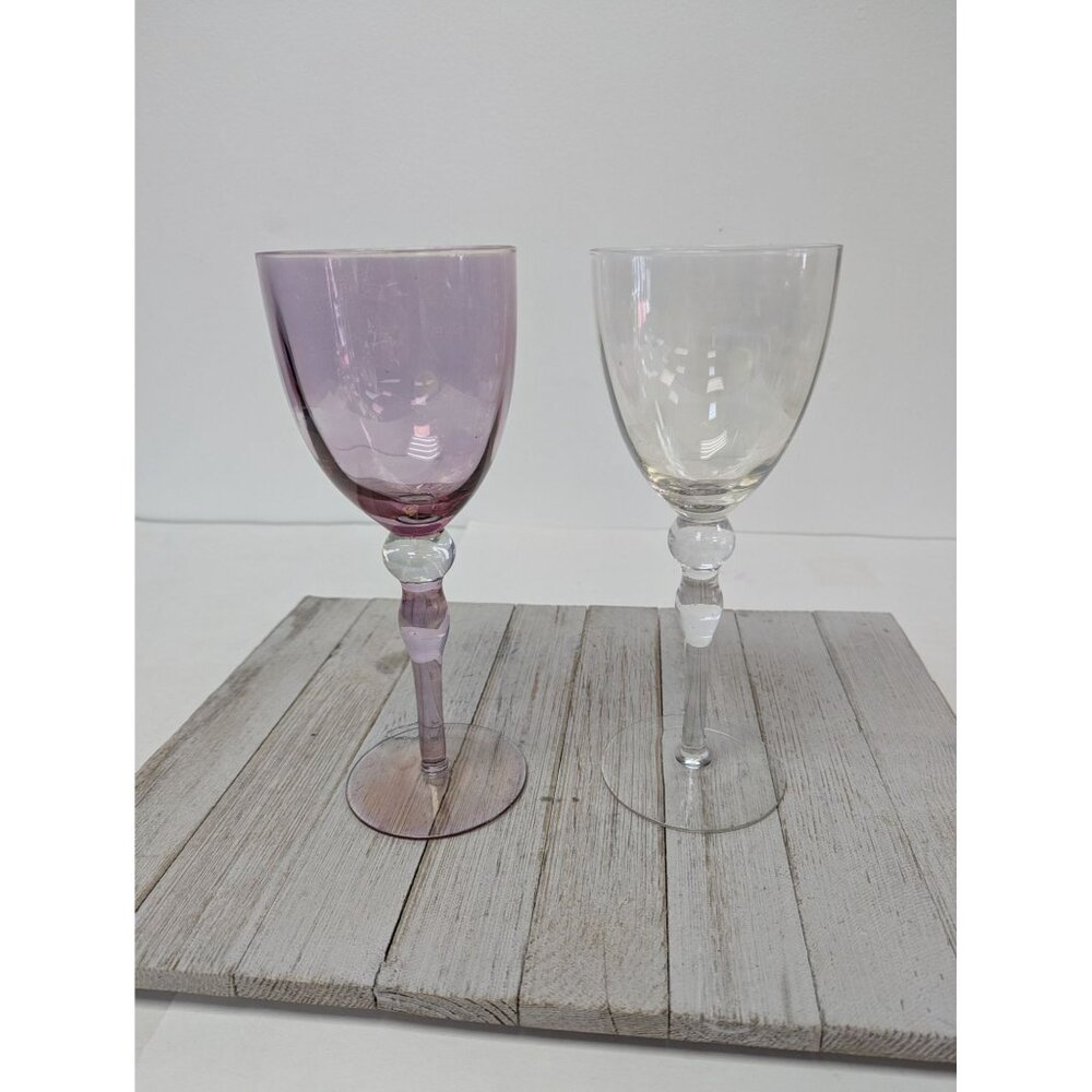 Vintage Set Of 2 Purple Clear Wine Water Glasses 9 1/4"